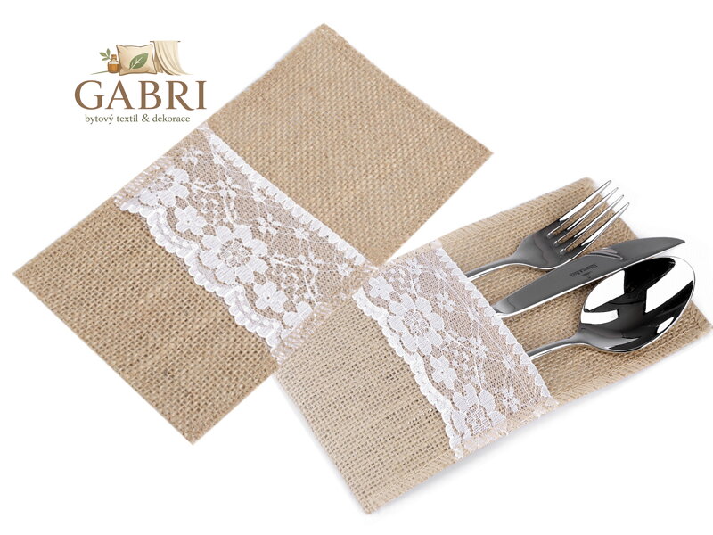 Jutová kapsa na příbory s krajkou 11x20 cm