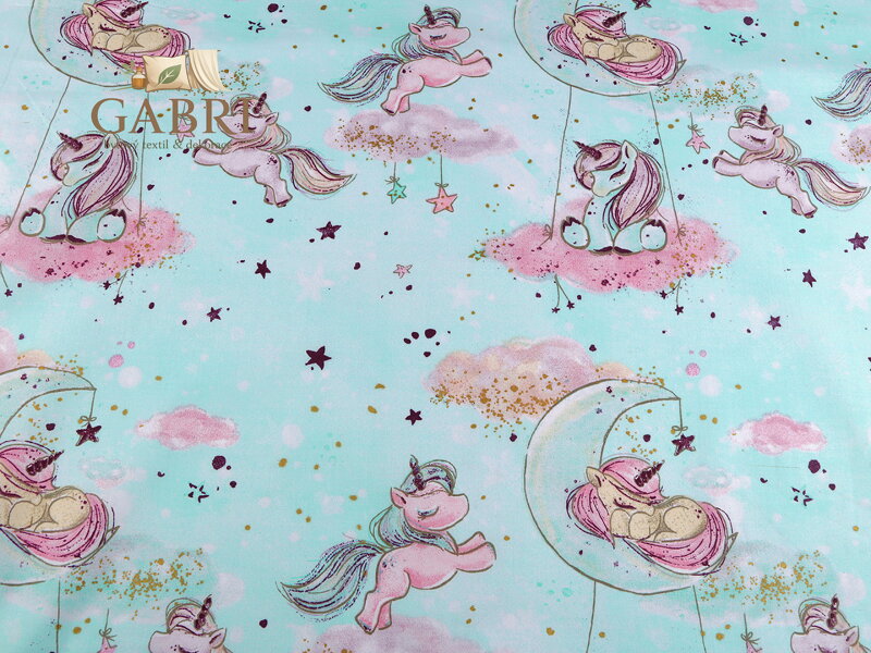 Bavlněná látka / plátno se zlatotiskem jednorožec