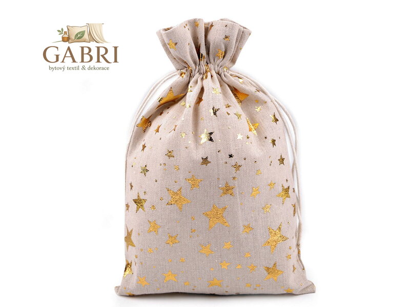 Dárkový pytlík hvězdy metalické 20x30 cm lněný