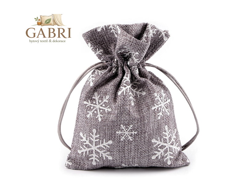 Vánoční dárkový pytlík vločky s glitry 13x18 cm imitace juty