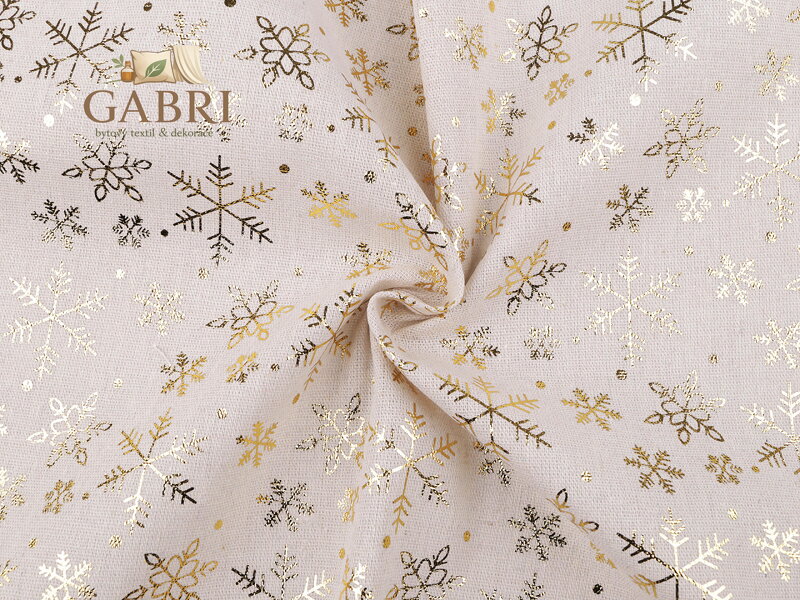 Vánoční bavlněná metráž / imitace lnu sněhové vločky metalické