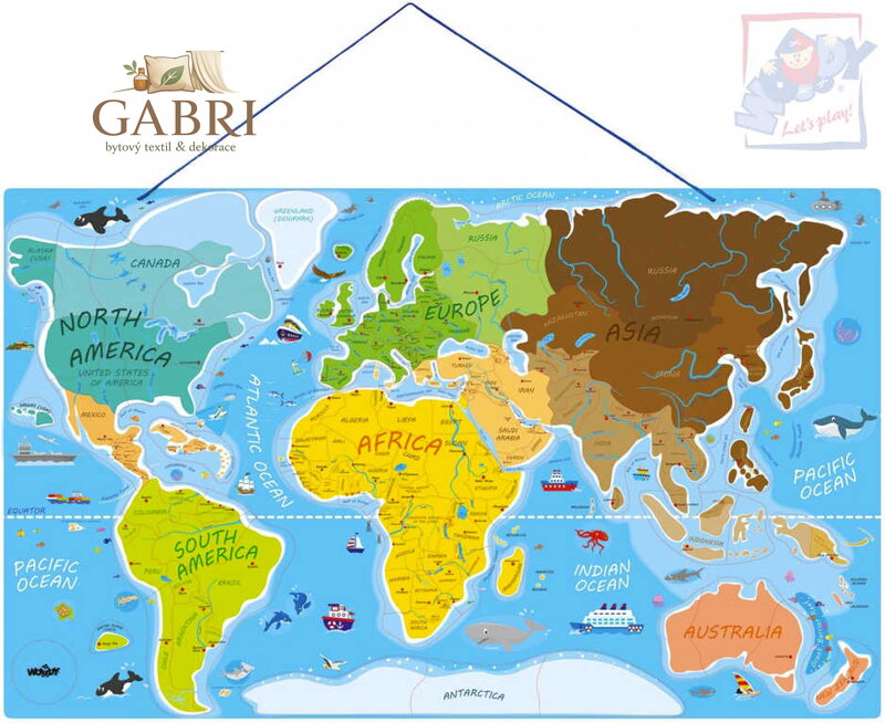 WOODY DŘEVO Svět v obrázcích 77x47cm Hra Puzzle naučné 2v1 mapa světa 86 dílků