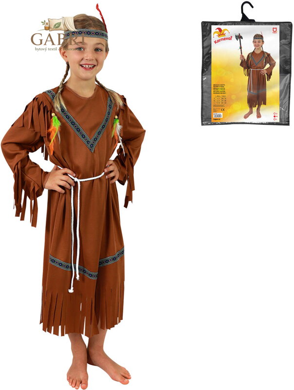 KARNEVAL Šaty Indiánka s čelenkou vel. M (117-128 cm) 6-8 let *KOSTÝM*