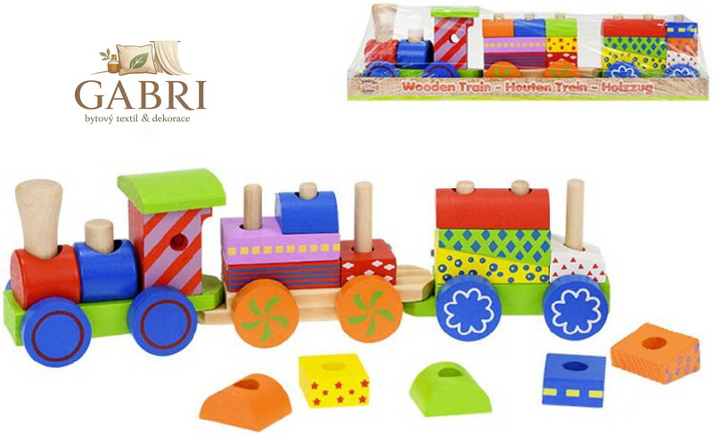 Vláček baby 33cm mašinka + 2 vagonky navlékací s kostkami pro miminko