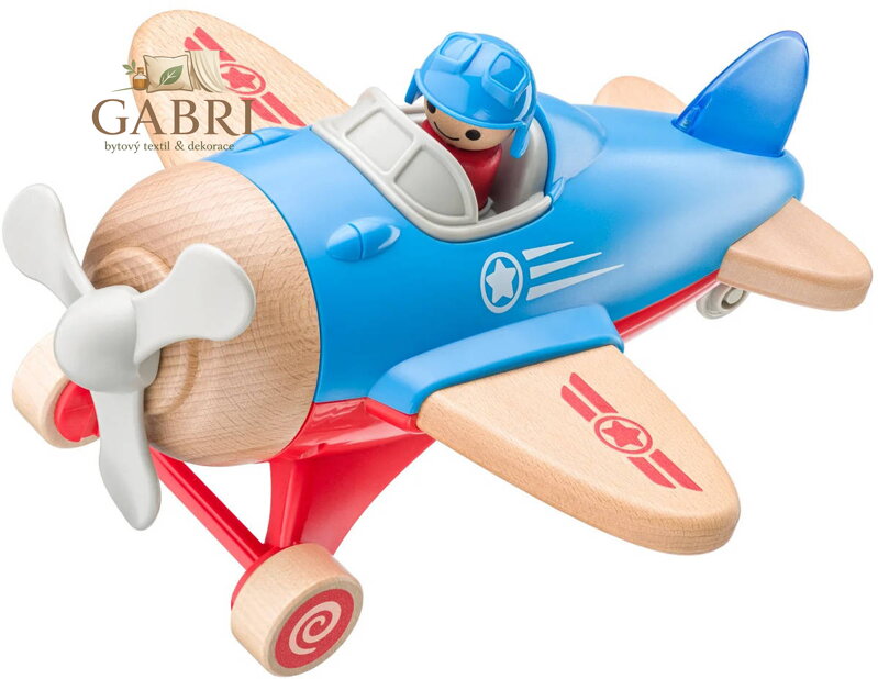 WOODY DŘEVO Letadlo baby s pilotem na baterie Světlo Zvuk