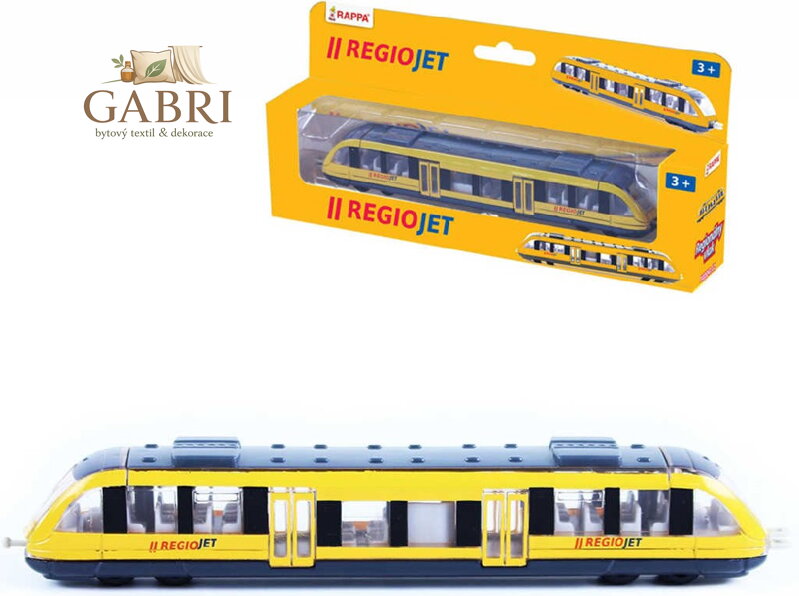 Vlak regionální žlutý model Regiojet 17cm kovový v krabičce