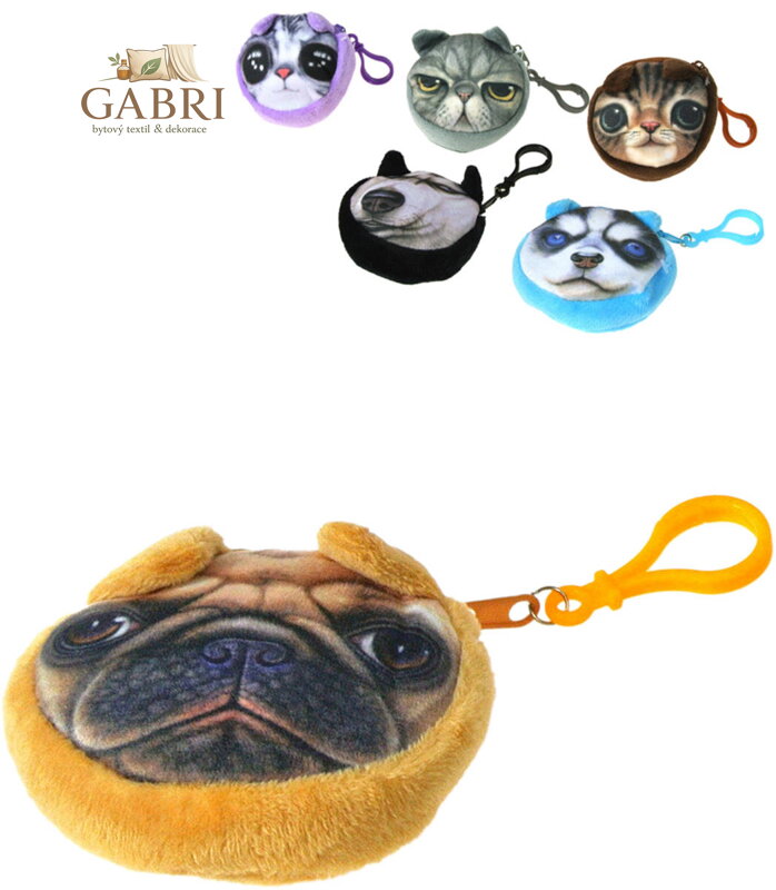 PLYŠ Peněženka kulatá pejsek 9cm s karabinkou 6 druhů