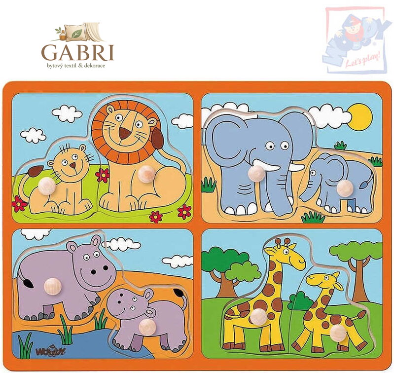 WOODY DŘEVO Baby puzzle s úchyty mláďata 4x2 dílky na desce pro miminko