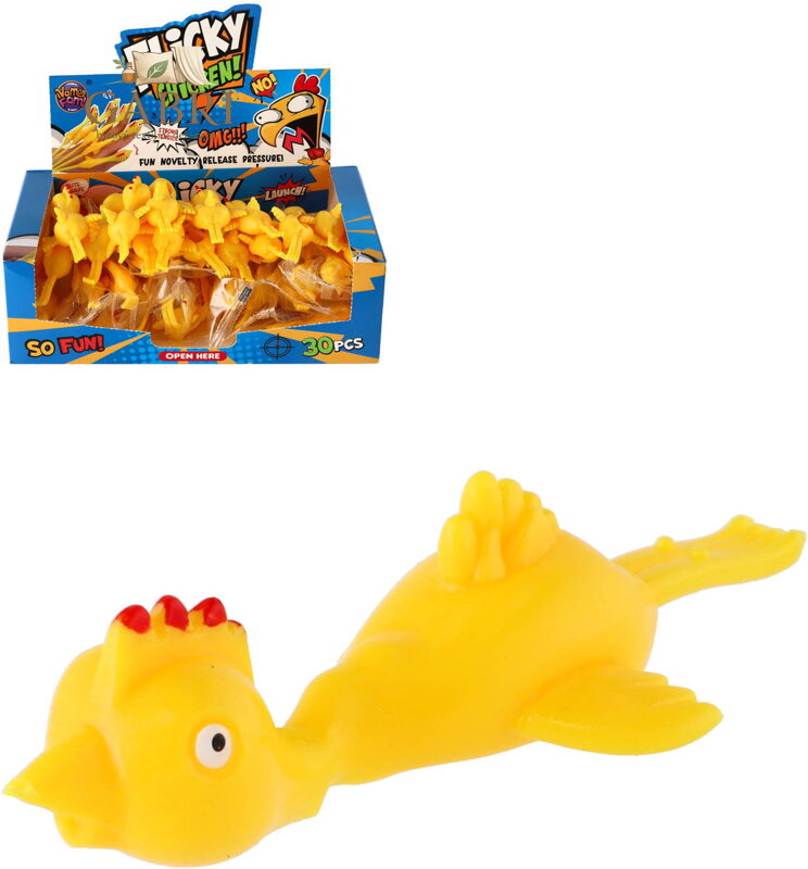 Kuře natahovací létací střílecí antistresové zvířátko silikonové dětská žertovinka