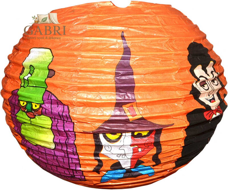 Lampion krčený harmonika Halloween 25cm kulatý oranžový s potiskem na žárovku