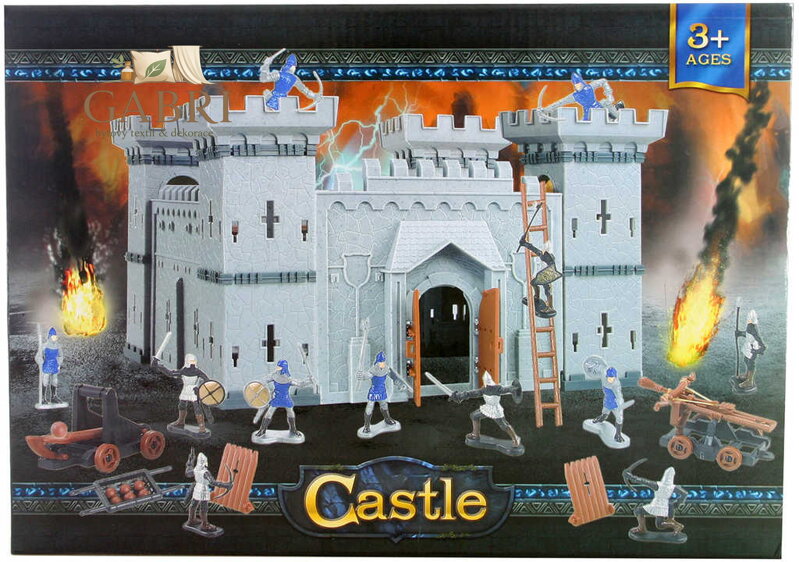 Hrad plastový 29cm herní set s figurkami rytířů 6cm a zbraněmi v krabici