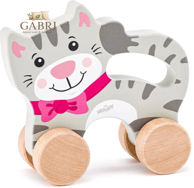WOODY DŘEVO Kočka na kolečkách s držadlem baby *DŘEVĚNÉ HRAČKY*
