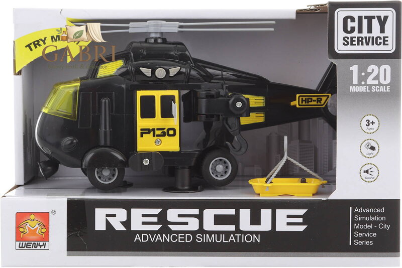 Helikoptéra pátrací černá 1:20 vrtulník s nosítky  na baterie Světlo Zvuk