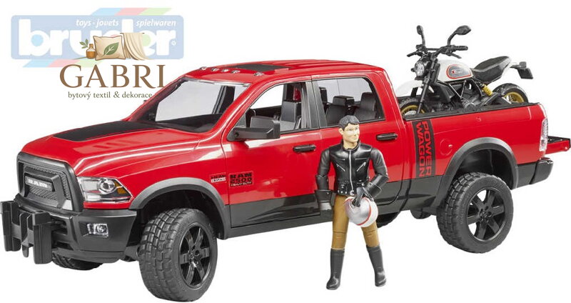 BRUDER 02502 Auto RAM set s motoycklem Scrambler Ducati Desert a figurkou