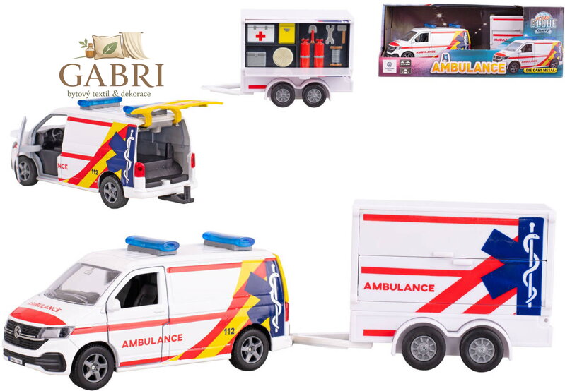 KIDS GLOBE Traffic auto VW Transporter ambulance set s přívěsem PB kov