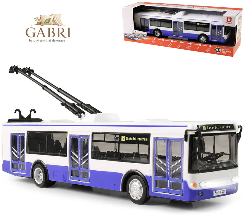 Trolejbus MHD modrý zpětný chod hlásí stanice na baterie Světlo Zvuk CZ