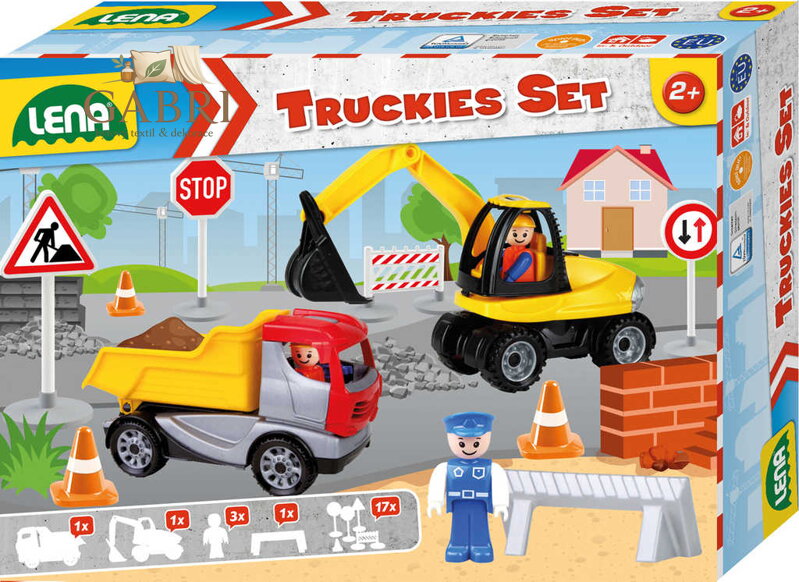 LENA Baby Truckies Stavba set 2 autíčka s figurkami a dopravním značením