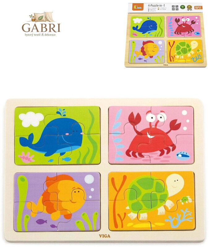 VIGA DŘEVO Puzzle na desce 4v1 mořská zvířátka baby skládačka 16 dílků