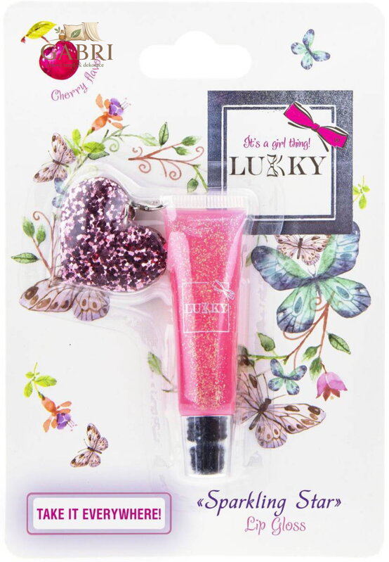 LUKKY Lesk dětský na rty třpytivý s příchutí třešeň set s přívěskem