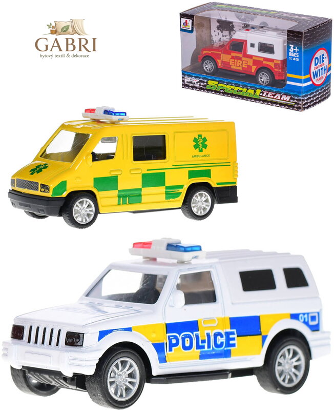 Auto záchranné složky policie hasiči záchranka zpětný chod 3 druhy kov