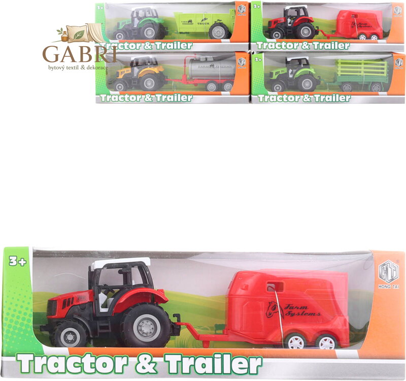 Traktor kovový s přívěsem 23cm 4 druhy v krabici