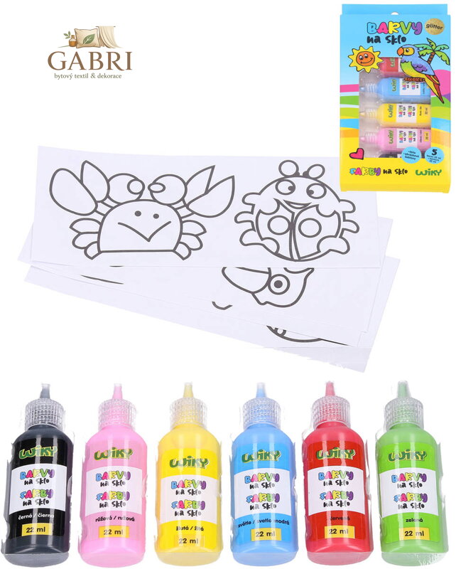 Barvy na sklo glitter se třpytkami set 5x 22ml + černá kontura se šablonami