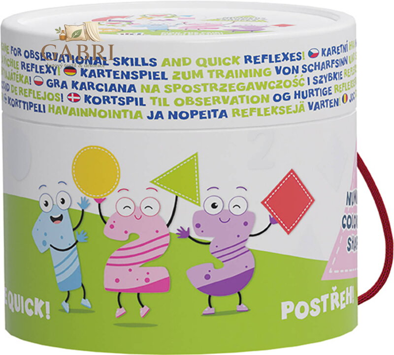 JIRI MODELS Hra karetní Postřeh! Čísla, barvy, tvary v kulaté krabičce