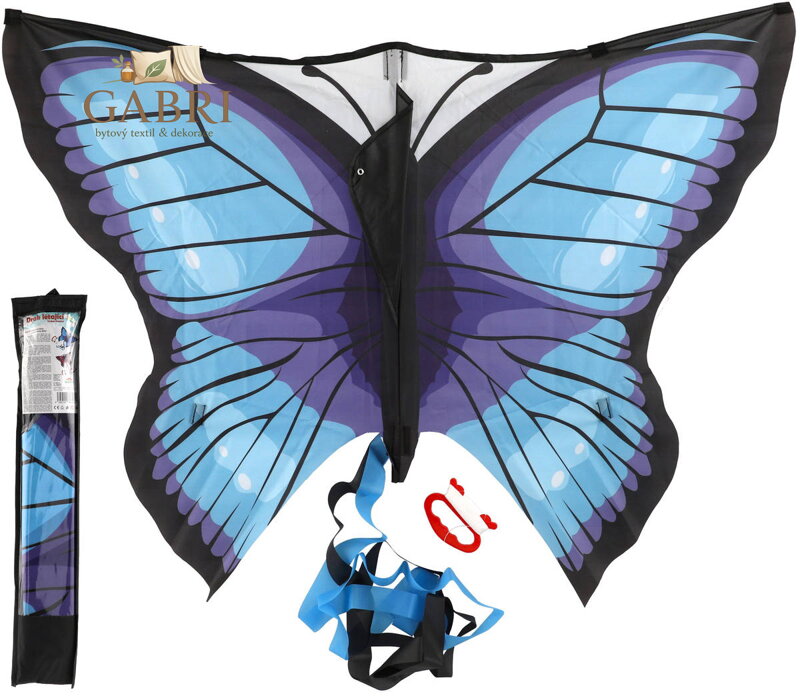 Drak létající motýl modrý 100x70cm nylon v látkovém sáčku