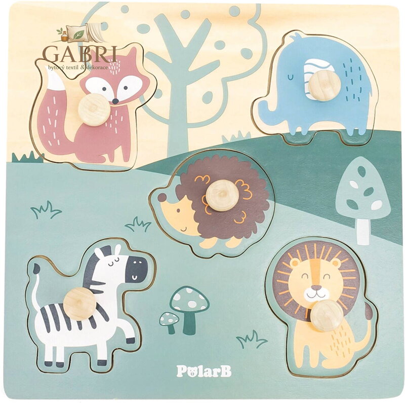 VIGA DŘEVO PolarB Baby puzzle vkládací Zvířátka na desce s úchyty 5 dílků