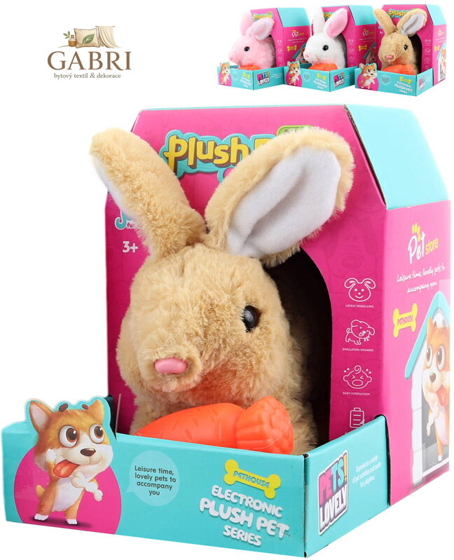 PLYŠ Králík zvířátko chodící set s mrkvičkou na baterie Zvuk 3 barvy