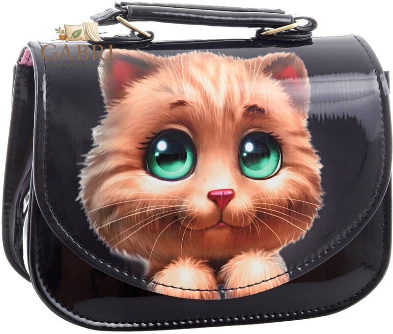 Kabelka kočička černá lakovaná 18x14cm s popruhem přes rameno