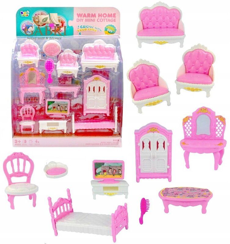 Nábytek růžovobílý doplněk do domečku pro panenky set 12ks plast