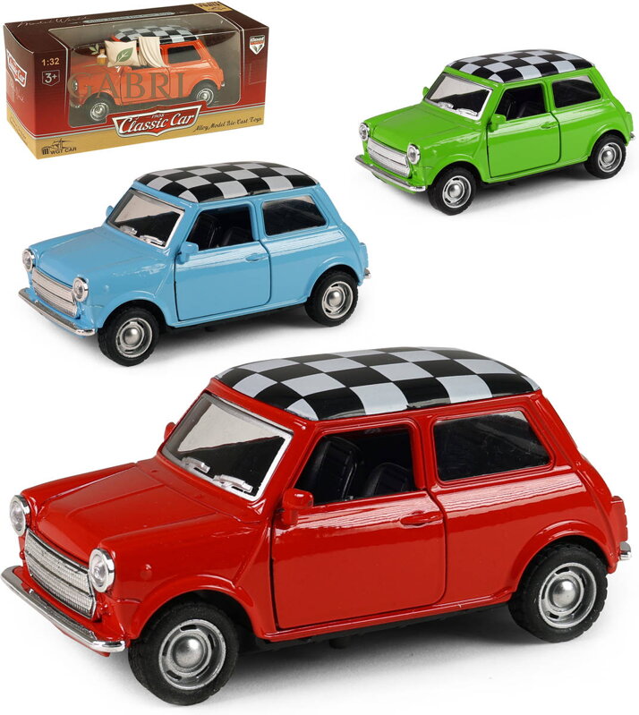 Auto Mini Cooper retro kovové 11cm zpětný chod 4 barvy