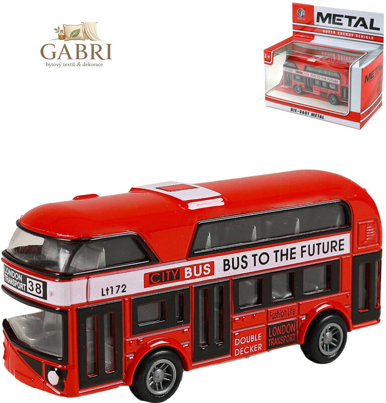 Autobus červený londýnský dvoupatrový double decker zpětný chod kov
