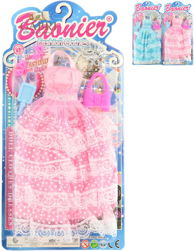 Šatičky pro panenku dlouhé s krajkou set obleček s fashion doplňky 2 barvy
