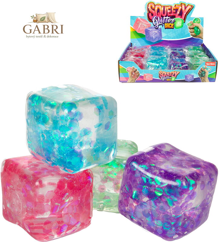 Kostka antistresová 6cm mačkací sliz se třpytkami 4 barvy