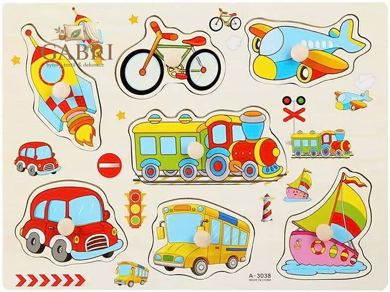 DŘEVO Vkládačka dopravní prostředky puzzle 7 dílků s úchyty na desce