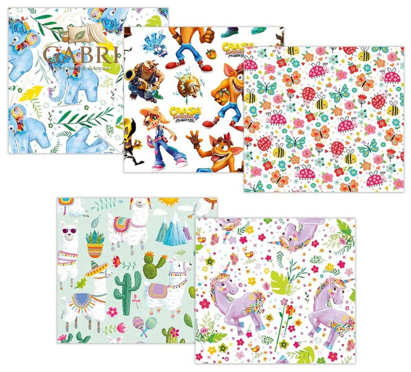 Balící papír dárkový set 2 archy 100x70cm dětské motivy role 5 druhů