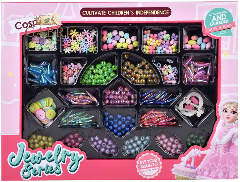 Korálky barevné navlékací s provázky a přívěsky na výrobu dětské bižuterie