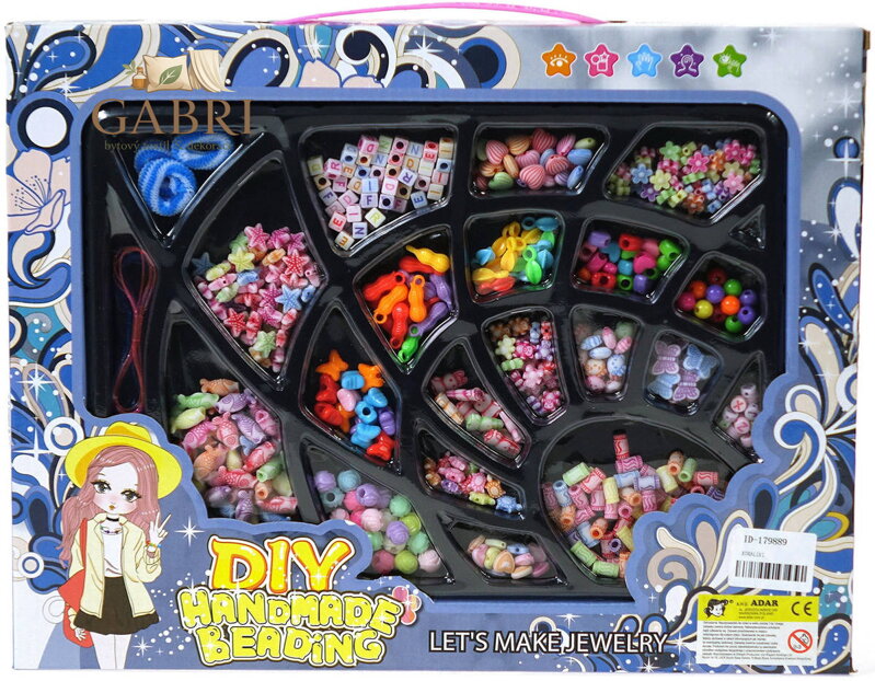 Korálky barevné navlékací s provázky a gumičkami na výrobu dětské bižuterie