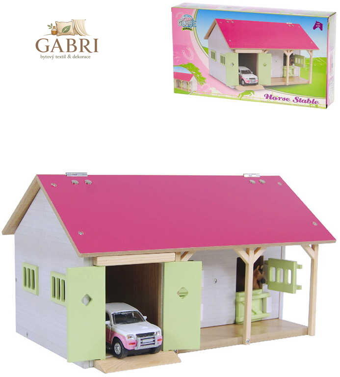 DŘEVO Farma stáj pro koně 34x22x19cm s garáží *DŘEVĚNÉ HRAČKY*