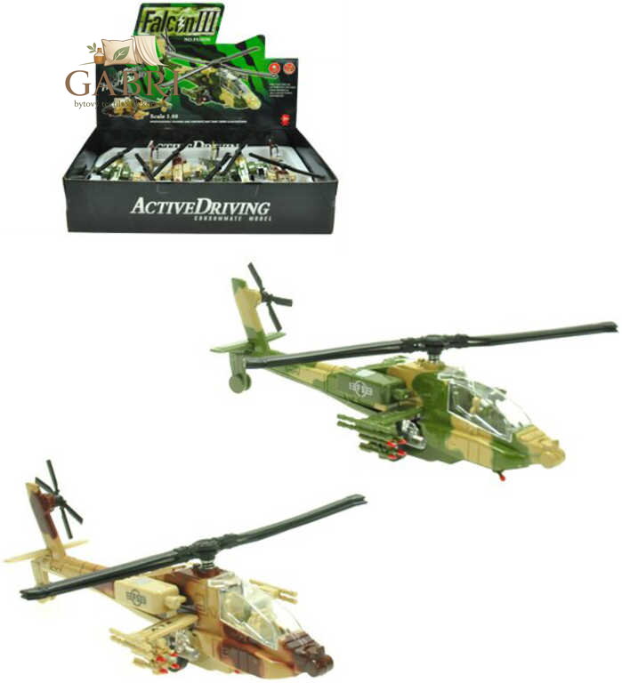 Helikoptéra vojenská 20cm na baterie zpětný chod Světlo Zvuk 2 barvy kov