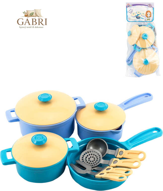 Pánev s hrnci a kuchyňskými nástroji set 11ks dětské barevné nádobí plast