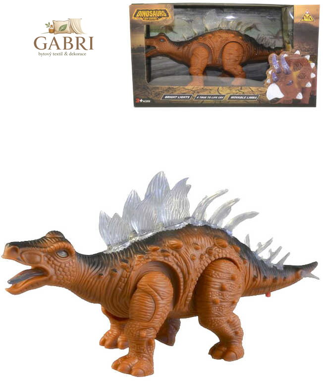 Dinosaurus hnědý plastový na baterie pohyblivý Světlo Zvuk v krabici