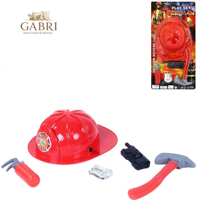 Hasič set přilba plastová s nástroji a doplňky v síťce
