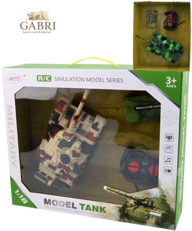 RC Tank na vysílačku 27MHz na baterie 1:18 USB Světlo Zvuk 2 barvy