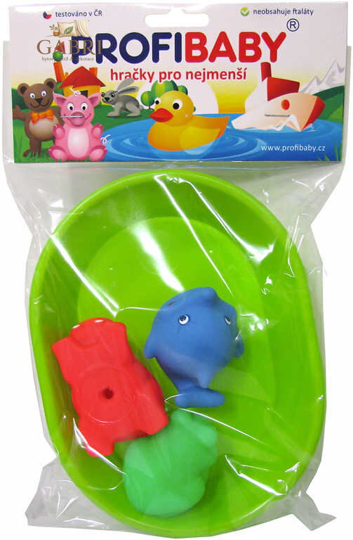 PROFIBABY Koupací set vanička + zvířátko gumové 3ks do vody 3 barvy v sáčku