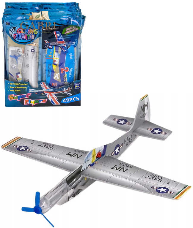 Letadlo bojové s vrtulí 19cm házecí polystyrenové k sestavení 8 druhů v sáčku