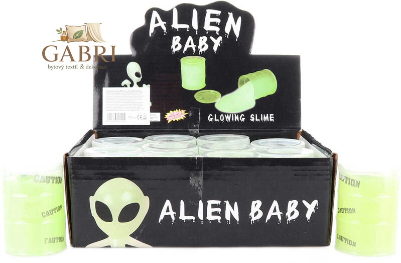 Sliz svítící set s figurkou mimozemšťana v plastovém soudku fosforekující