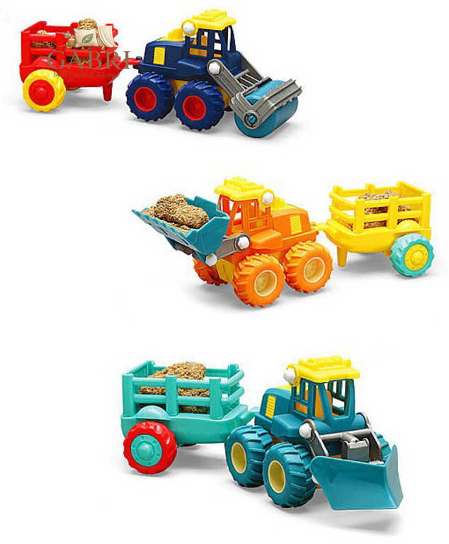 Vozidlo stavební autíčko na setrvačník set s přívěsem 3 druhy plast